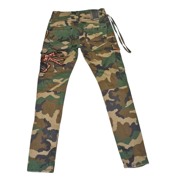 Cote De Nuits Mens 28x30 Camo Jeans Designer Sequin Patches Cargo Haute Couture - Picture 5 of 16